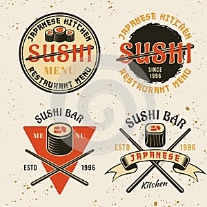 Sushi, japanese kitchen vector emblems