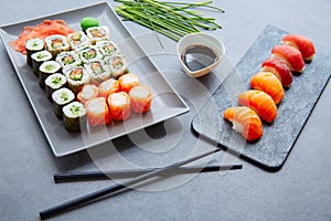 Sushi Maki and Niguiri soy sauce and wasabi photo