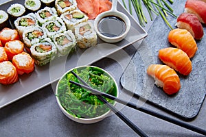 Sushi Maki and Niguiri soy sauce and wasabi photo