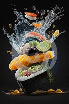 Sushi maki pieces flying in air, Japanese food on black background, generative AI