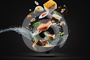 Sushi maki pieces flying in air, Japanese food on black background, generative AI