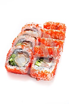 Sushi maki rolls with masago caviar around them