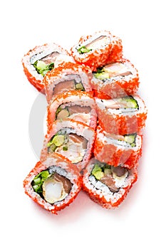 Sushi maki rolls with masago caviar around them