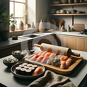 Sushi Making in Modern Kitchen: Fresh Seafood on Cutting Board