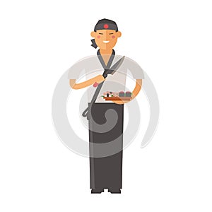 Sushi master young chef decorating delicious character vector.