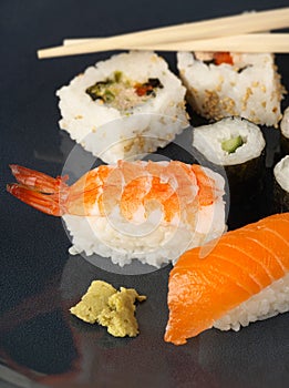 Sushi meal on a blue plate