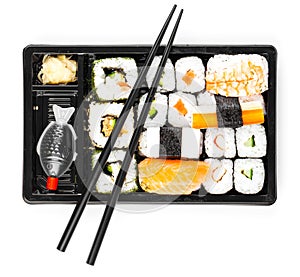 Sushi menu in black transport box