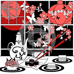 Sushi menu card illustration with sakura and butterfly