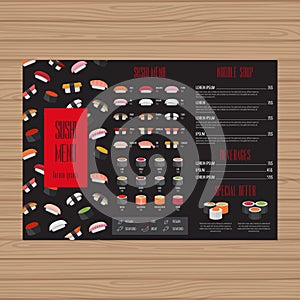 Sushi menu design. Tri-fold leaflet layout template. Japanese food restaurant brochure with modern graphic. Vector illustration.