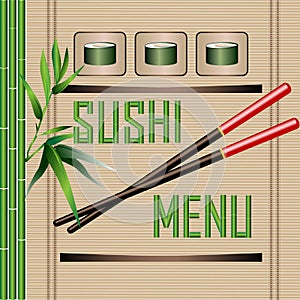 Sushi menu with green bamboo and bamboo mat