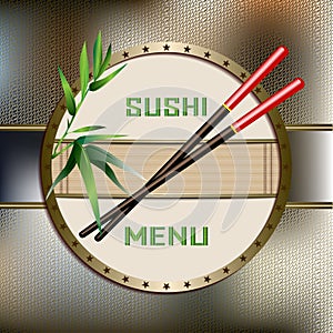 Sushi menu with green bamboo. Chopsticks brown and red