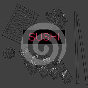 Sushi menu sketch cover.Vector clip art illustration.