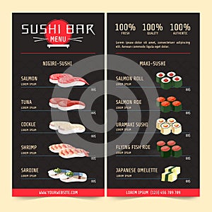 Sushi menu, sushi bar. Japanese cuisine or Asian restaurant. Restaurant cafe menu, template design. Vector illustration