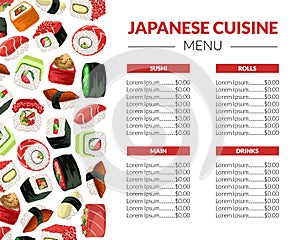 Sushi Menu Template for Restaurant, Bar or Cafe, Japanese Seafood Brochure with Asian Food Seamless Pattern Vector