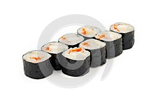 Sushi mini roll with fried sea bass on a white plate, ingredients fried bass, flying fish roe, rice, nori. Traditional Japanese