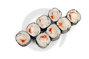 Sushi mini roll with fried sea bass on a white plate, ingredients fried bass, flying fish roe, rice, nori. Traditional Japanese