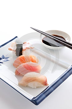 Sushi mix Japanese food sushi salmon tuna octopus eel and sea bass japan local food isolated in white background