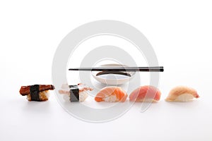 Sushi mix Japanese food sushi salmon tuna octopus eel and sea bass japan local food isolated in white background