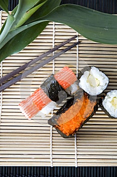 Sushi on natural bamboo mat