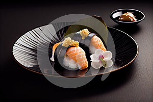 Sushi Nigiri on Dark Background, Japanese Seafood, Salmon Susi Abstract Generative AI Illustration