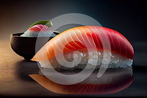 Sushi Nigiri on Dark Background, Japanese Seafood, Salmon Susi Abstract Generative AI Illustration