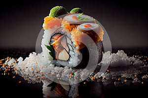 Sushi Nigiri on Dark Background, Japanese Seafood, Salmon Susi Abstract Generative AI Illustration