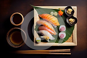 Sushi Nigiri on Dark Background, Japanese Seafood, Salmon Susi Abstract Generative AI Illustration