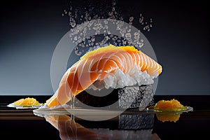 Sushi Nigiri on Dark Background, Japanese Seafood, Salmon Susi Abstract Generative AI Illustration