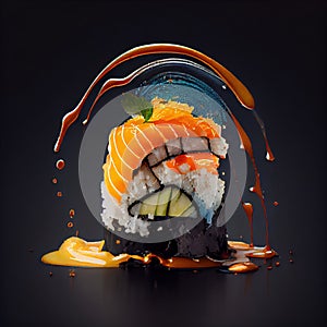 Sushi Nigiri on Dark Background, Japanese Seafood, Salmon Susi Abstract Generative AI Illustration