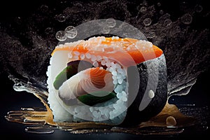 Sushi Nigiri on Dark Background, Japanese Seafood, Salmon Susi Abstract Generative AI Illustration