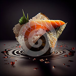 Sushi Nigiri on Dark Background, Japanese Seafood, Salmon Susi Abstract Generative AI Illustration