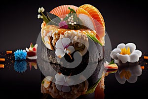 Sushi Nigiri on Dark Background, Japanese Seafood, Salmon Susi Abstract Generative AI Illustration