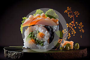 Sushi Nigiri on Dark Background, Japanese Seafood, Salmon Susi Abstract Generative AI Illustration