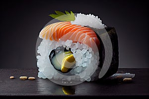 Sushi Nigiri on Dark Background, Japanese Seafood, Salmon Susi Abstract Generative AI Illustration