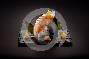 Sushi Nigiri on Dark Background, Japanese Seafood, Salmon Susi Abstract Generative AI Illustration