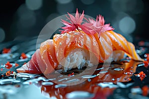 Sushi Nigiri with Salmon on Reflective Surface.