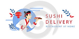 Sushi Order Online And Delivery Concept. Website Landing Page. Chef Has Cooked Rolls And Nigiri. Man Cooking Tasty Meal