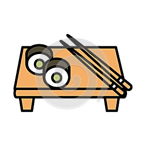 Sushi oriental menu rolls sticks in board line and fill style icon