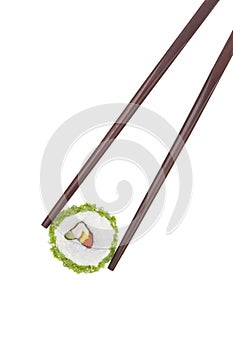 Sushi piece and chopsticks.