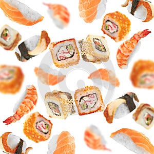 Sushi pieces flying on white background