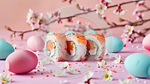 sushi on pink table with spring flowers and colorful Easter eggs