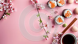 sushi on pink table with spring flowers, sushi for Easter, background with copy space