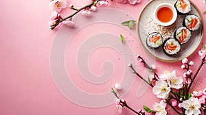 sushi on pink table with spring flowers, sushi for Easter, background with copy space