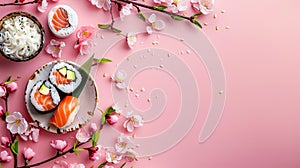 sushi on pink table with spring flowers, sushi for Easter, background with copy space