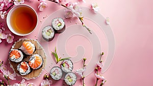 sushi on pink table with spring flowers, sushi for Easter, background with copy space