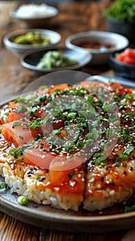 Sushi pizza combines elements of sushi and pizza in one dish.