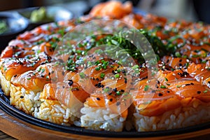 Sushi pizza combines elements of sushi and pizza in one dish.