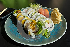 Sushi Plate, Fish Maki Rolls, Japan Seafood, Sushi Set, Asian Dinner, Tradition Nigiri Susi