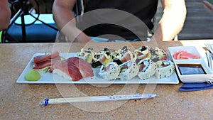 Sushi plate with tuna, salmon and shrimp