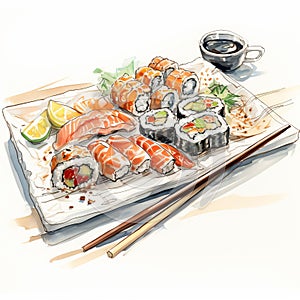 Sushi Plate Watercolor Illustration: Harsh Realism With Detailed Penciling